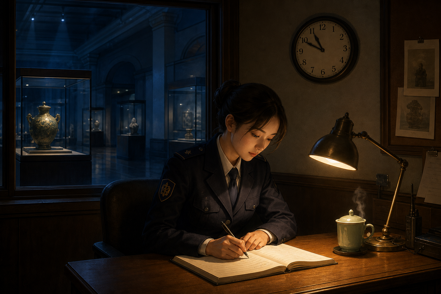 周五夜间：博物馆探员在 desk 前写夜更记录，桌灯与热茶