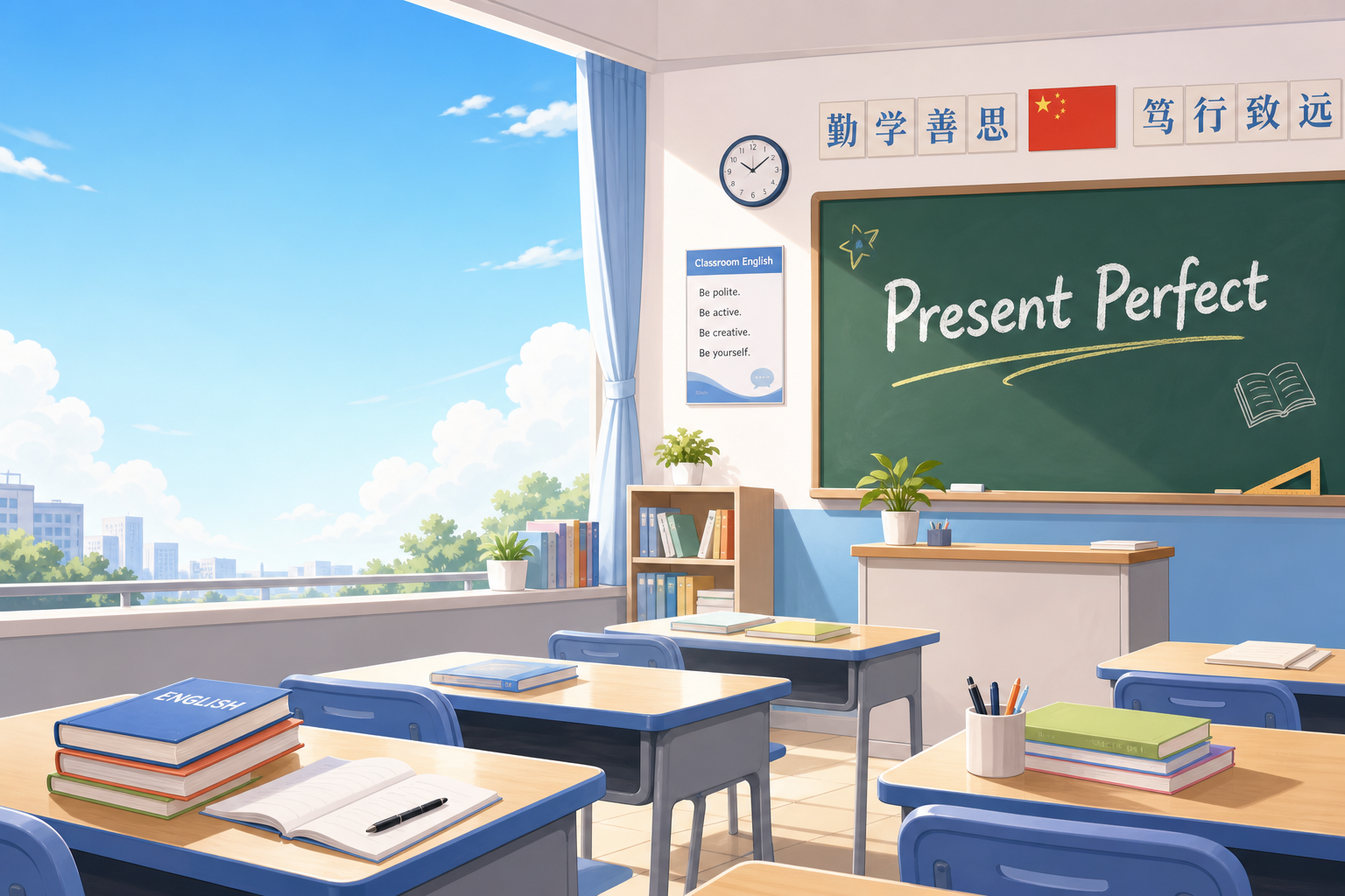 初二英语课堂与黑板主题插画