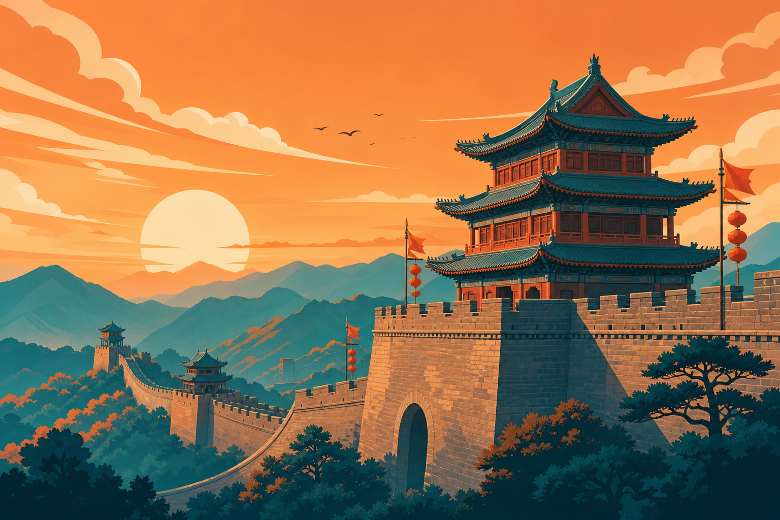 西安古城墙与夕阳情境插画
