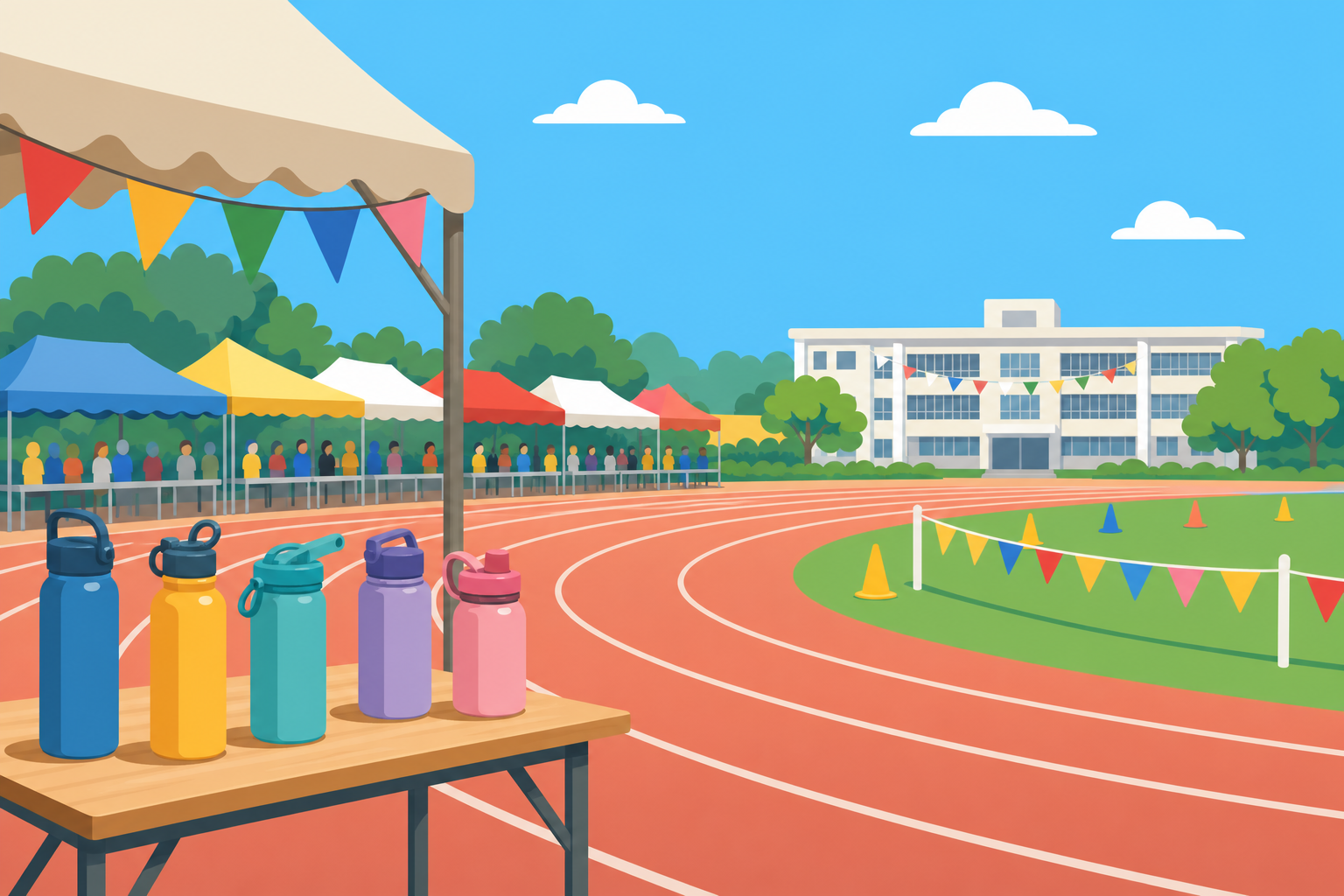 校运会跑道与补水桌情境插画