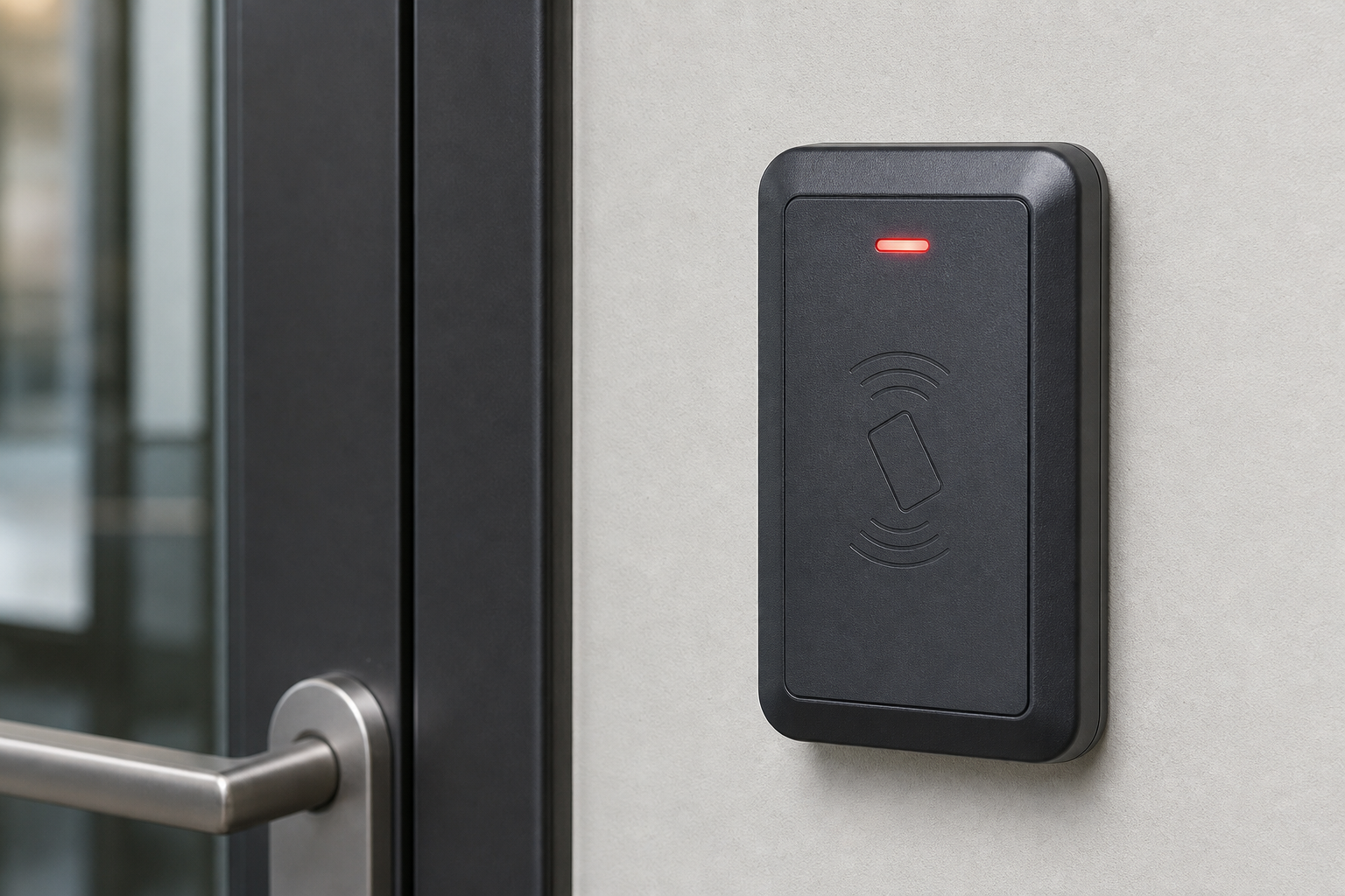 [Composer 2 Prompt]: A modern electronic card reader mounted on a wall next to a glass door. Glowing red LED indicator.