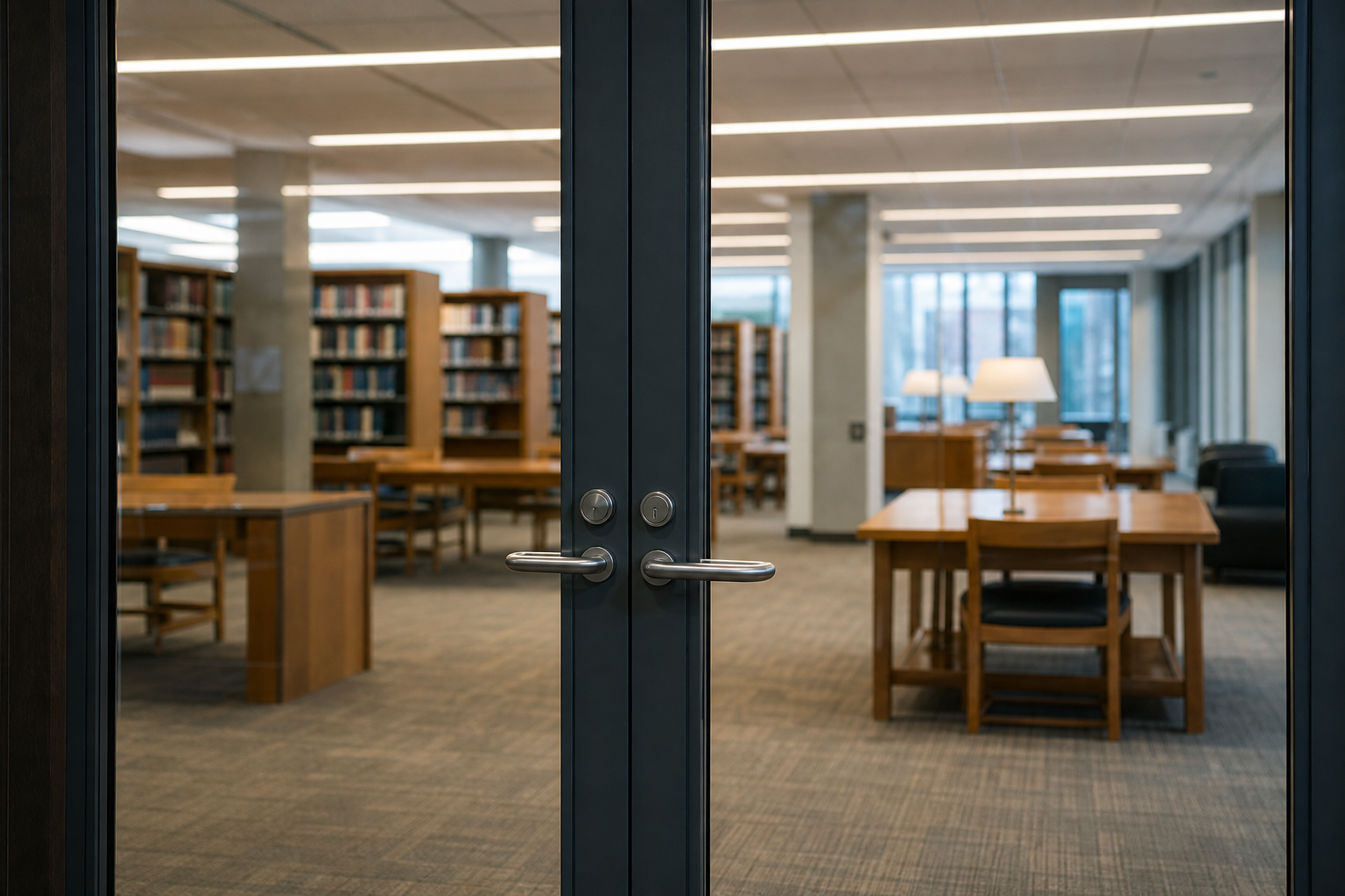 [Composer 2 Prompt]: Photorealistic background of a modern library reading room viewed through closed glass doors. Academic and quiet atmosphere.