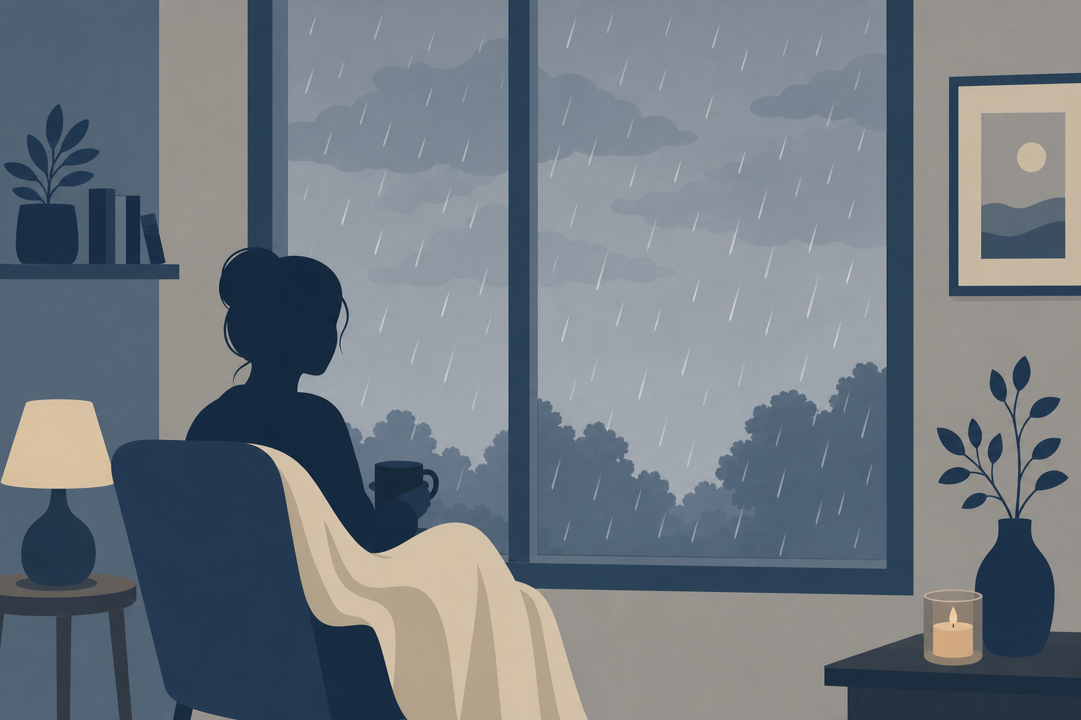 [Composer 2 Prompt]: A simple flat illustration of a person looking at rain through a window.