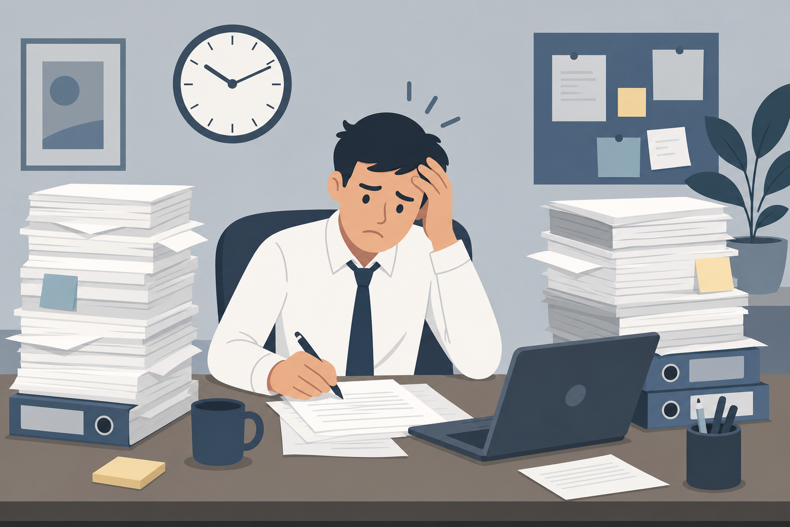 [Composer 2 Prompt]: Flat illustration of a stressed office worker at a desk with piles of papers, busy schedule vibe.