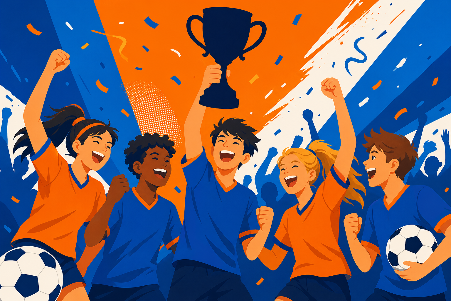 [Composer 2 Prompt]: Flat illustration of teenagers celebrating a sports win, trophy and cheering silhouettes.
