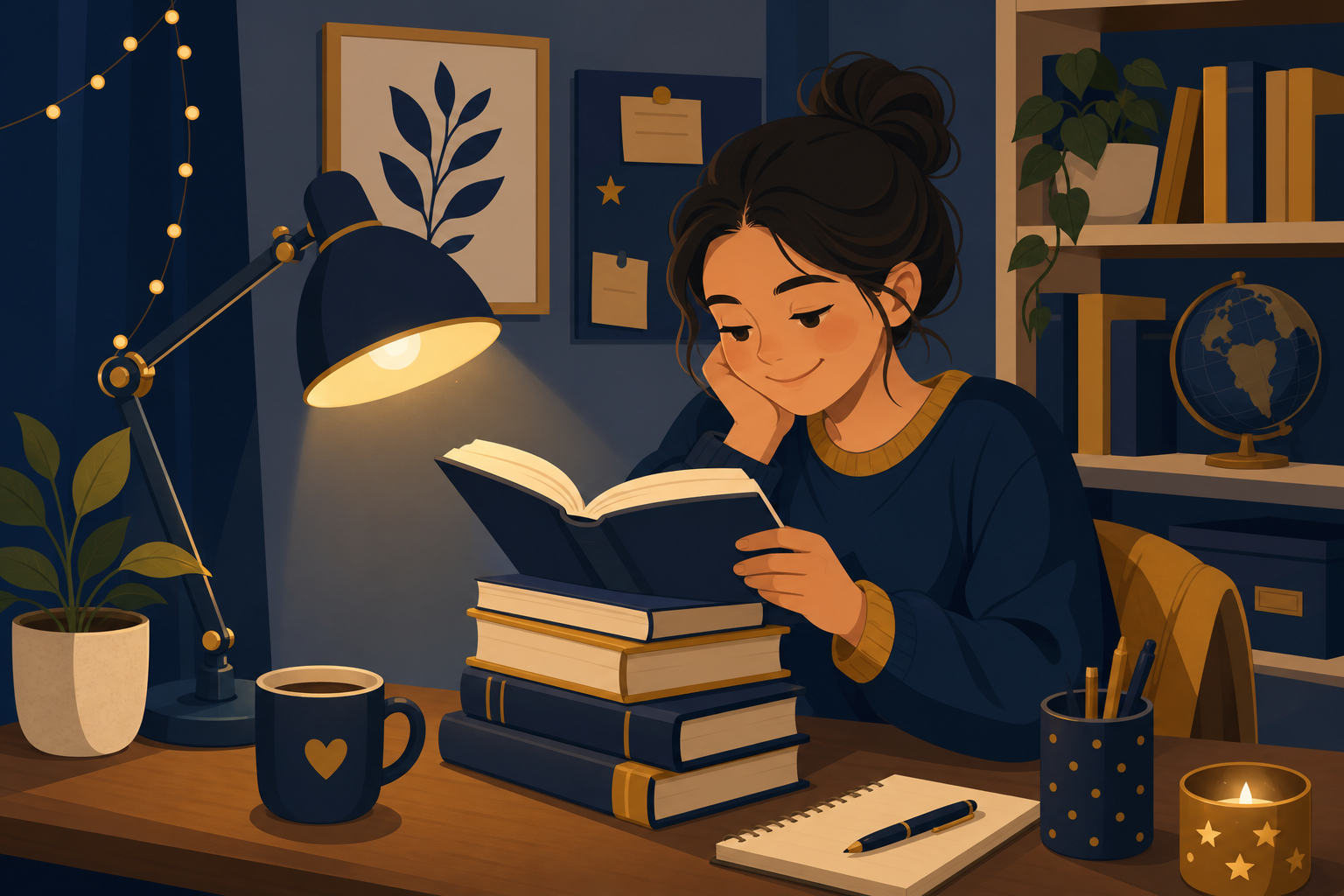 [Composer 2 Prompt]: Flat illustration of a student happily reading a stack of books, warm lamp light.