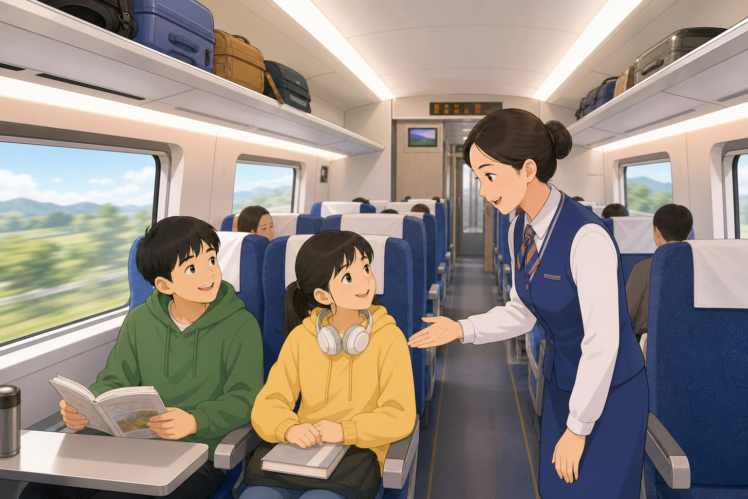 分镜1：高铁车厢过道与行李架