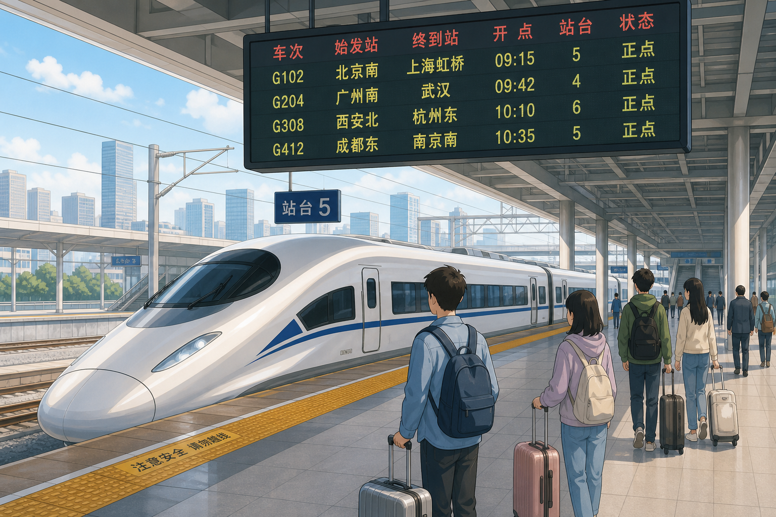 分镜1：站台电子屏与停靠的高铁