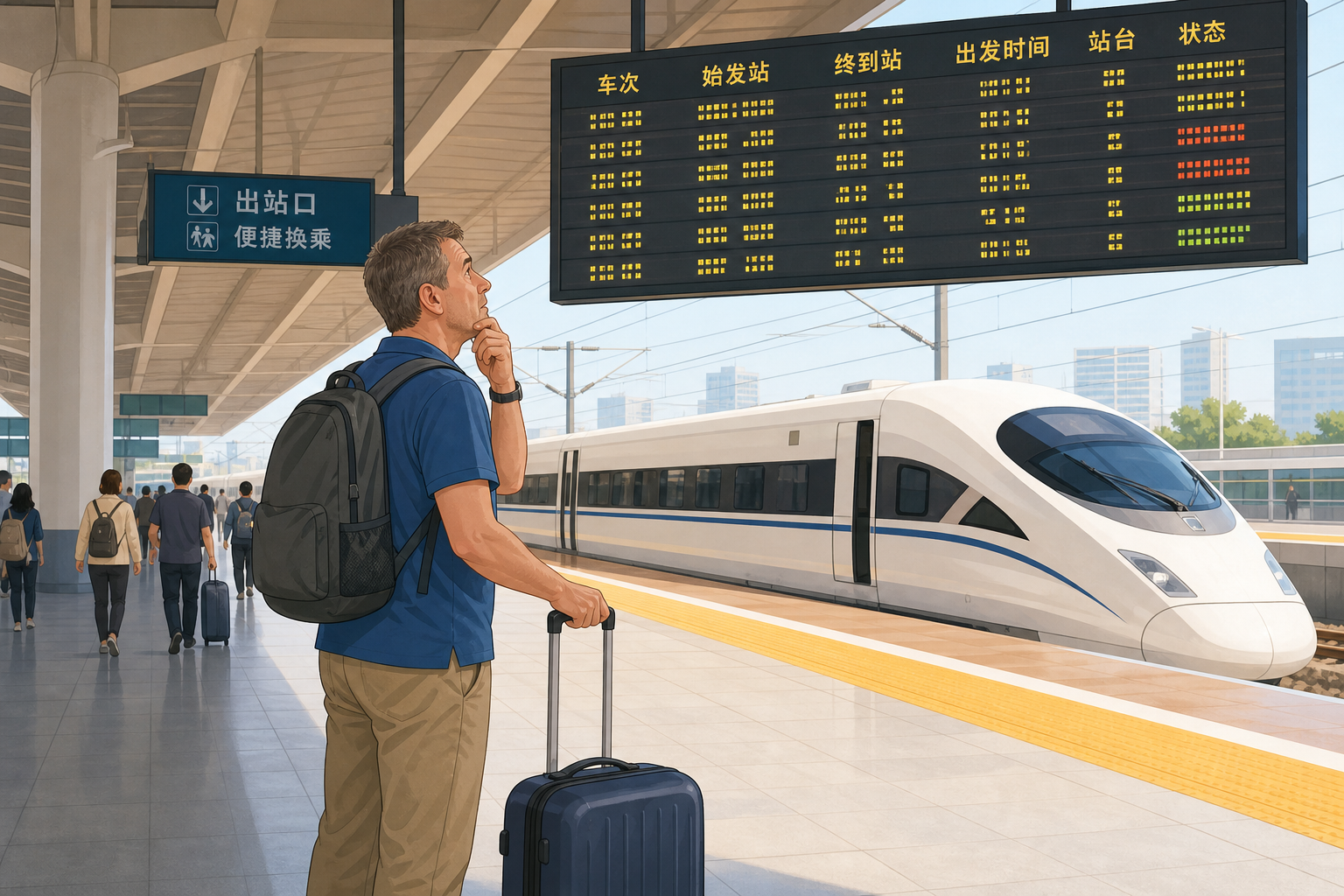 分镜2：旅客抬头核对车次与目的地