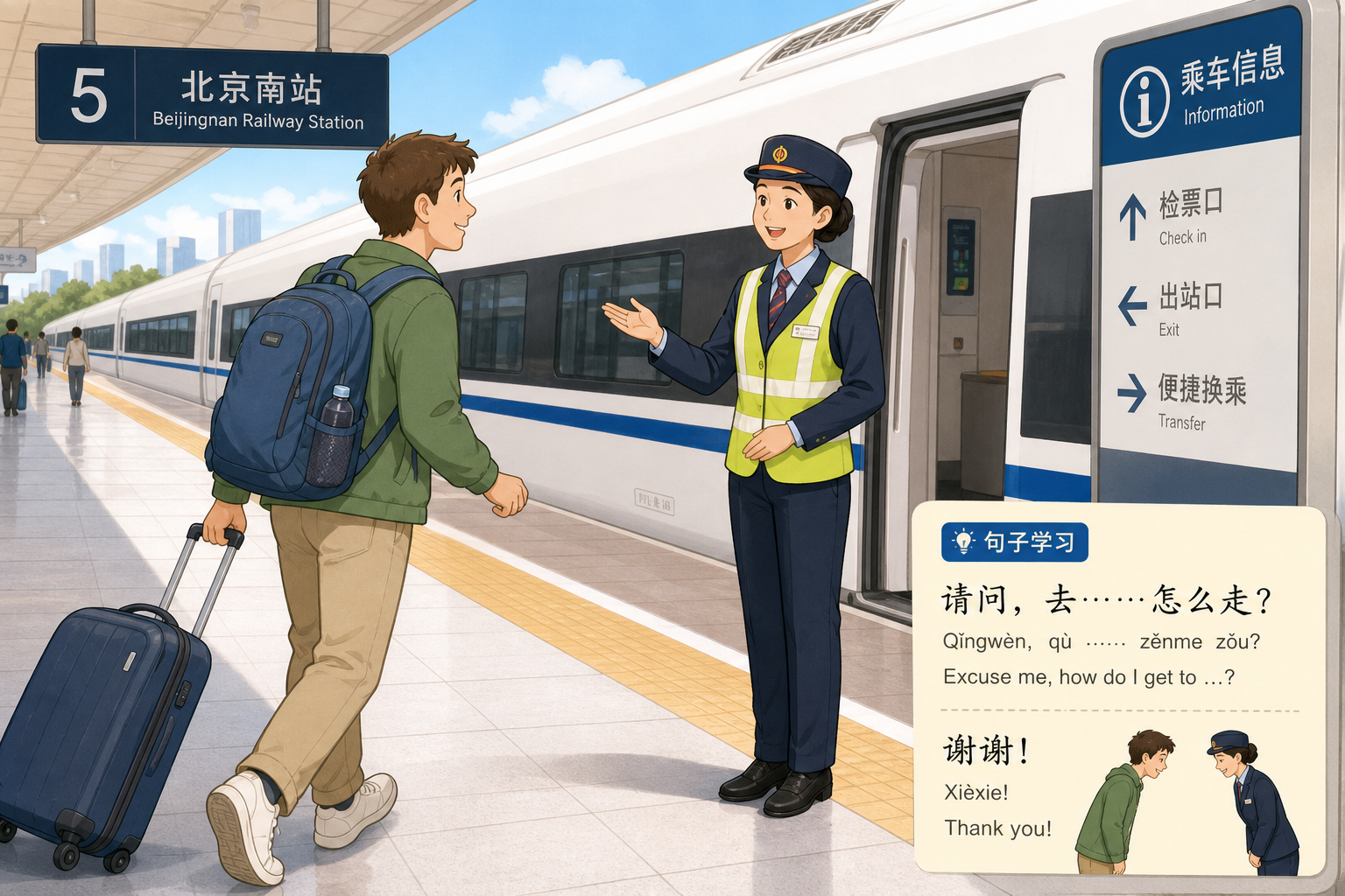 分镜3：走向工作人员准备礼貌开口