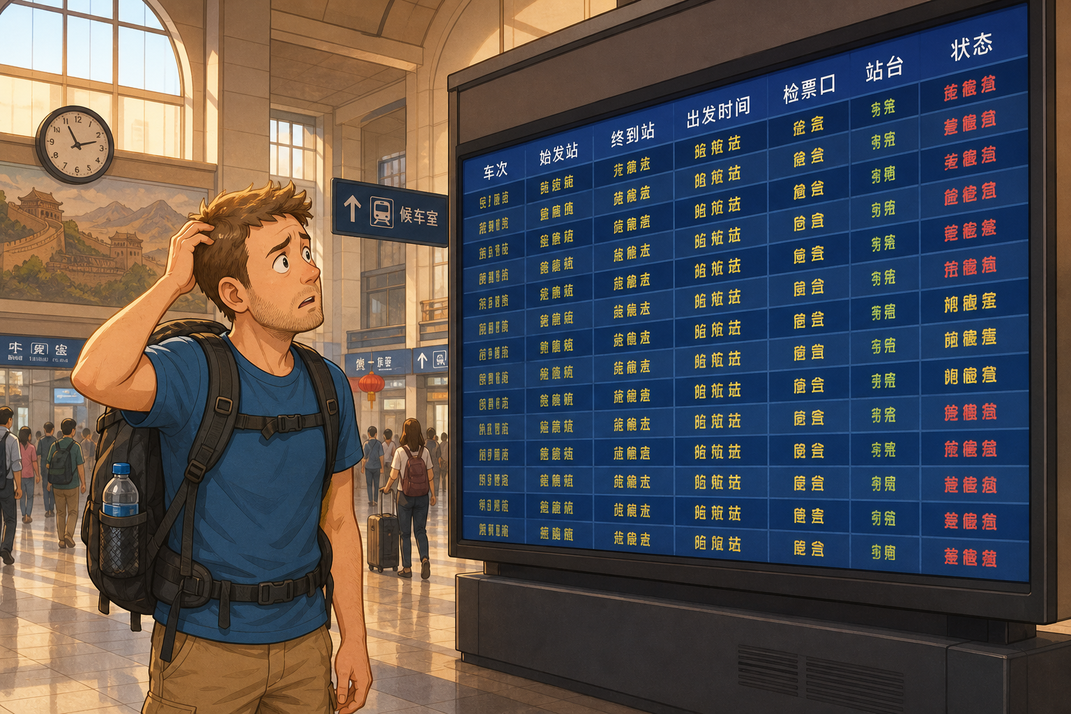 分镜2：旅客面对中文时刻表皱眉