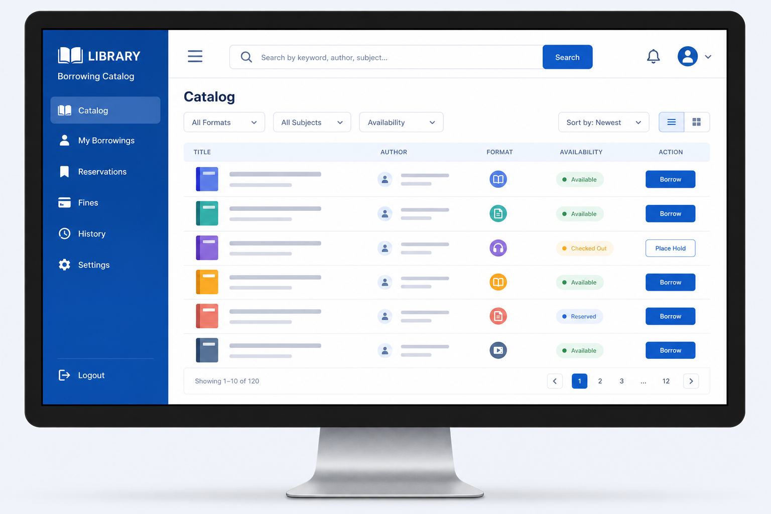 [Composer 2 Prompt]: A flat, modern UI design of a library borrowing system displayed on a computer monitor. Academic blue and white theme.