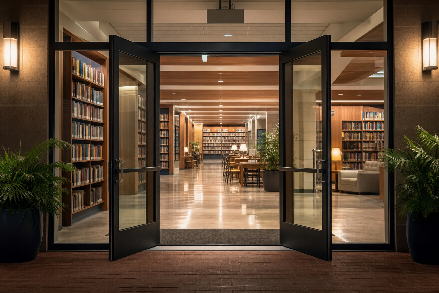 [Composer 2 Prompt]: The same modern library reading room, but now the glass doors are wide open, inviting the viewer inside.