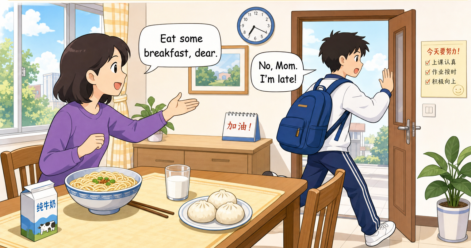 早晨：饭还在桌上，赶着出门上学