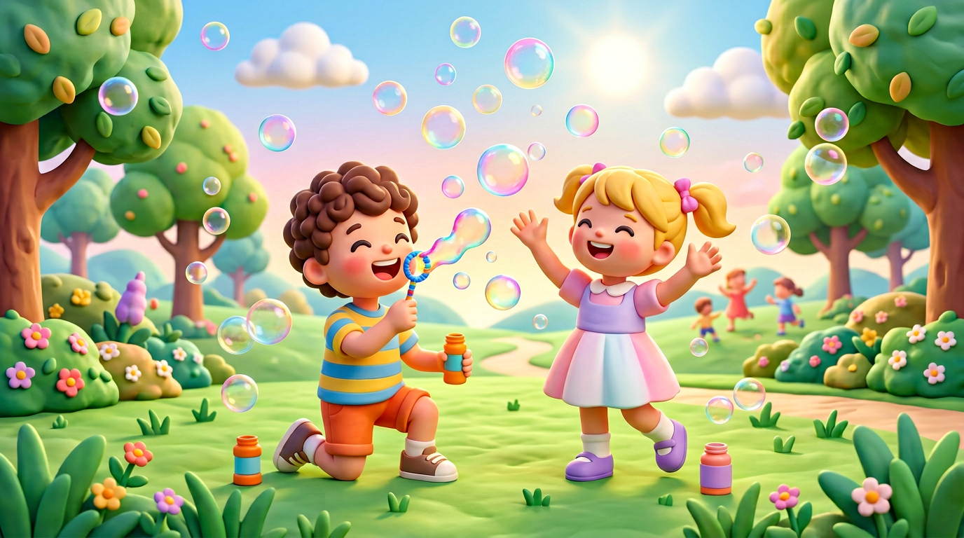 Two children blowing soap bubbles outdoors, 3D clay style illustration