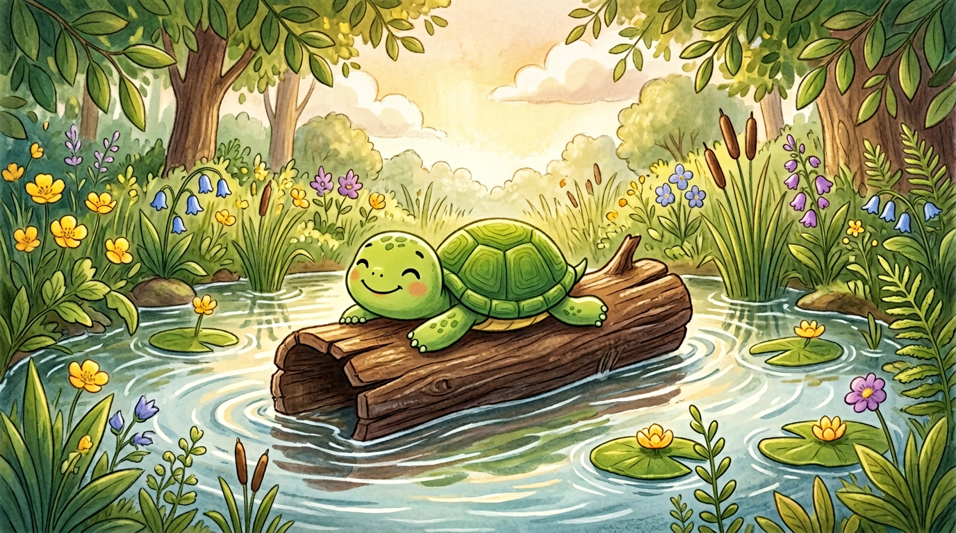 A turtle sunbathing on a log in warm sunlight