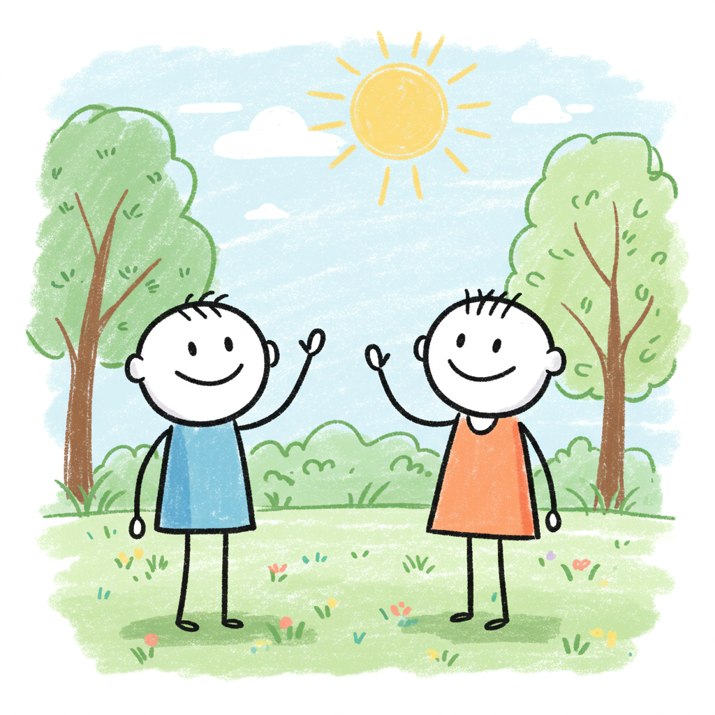 Vertex Imagen：挥手打招呼的儿童蜡笔画，无文字