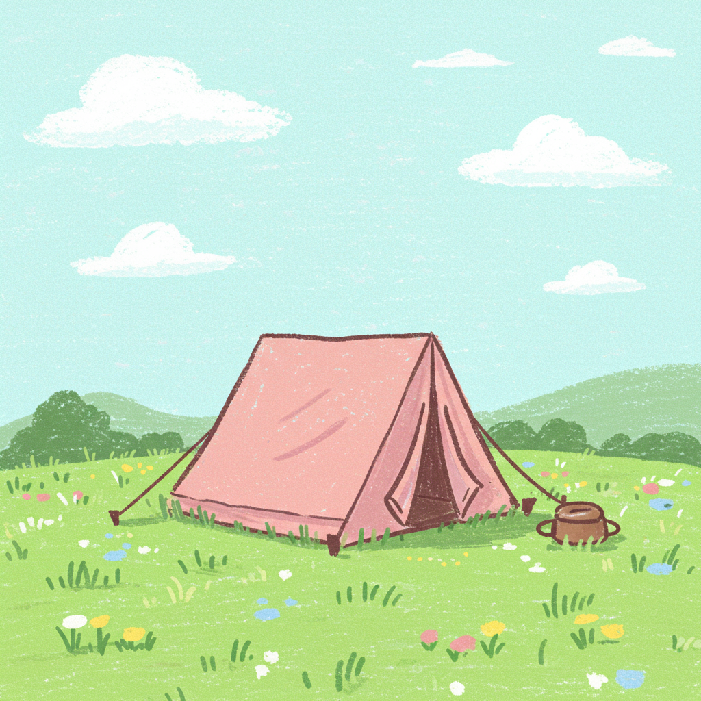 Vertex Imagen：草地上的帐篷蜡笔故事书插图，无文字
